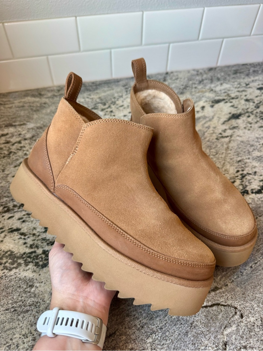 UGG Tan Suede Platform Chelsea Booties
